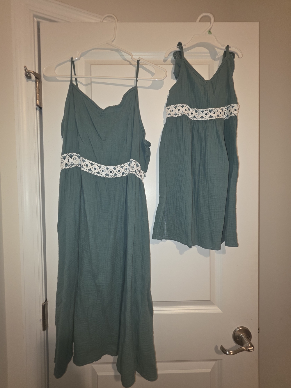 Family Outfits - Teal Crochet-Trim Sundresses And Men's T-Shirt